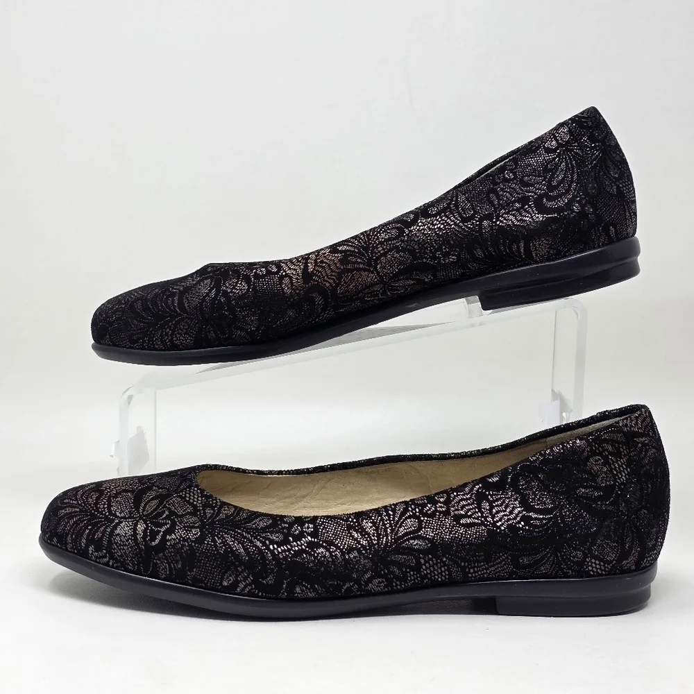SAS Womens Scenic Floral Ballet Flats Black Suede Made In USA Sz 10 N Pre-owned